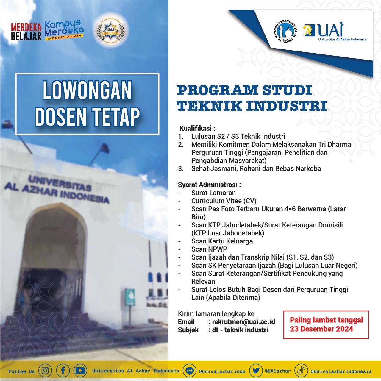 Lowongan Dosen Tetap Program Studi Teknik Industri