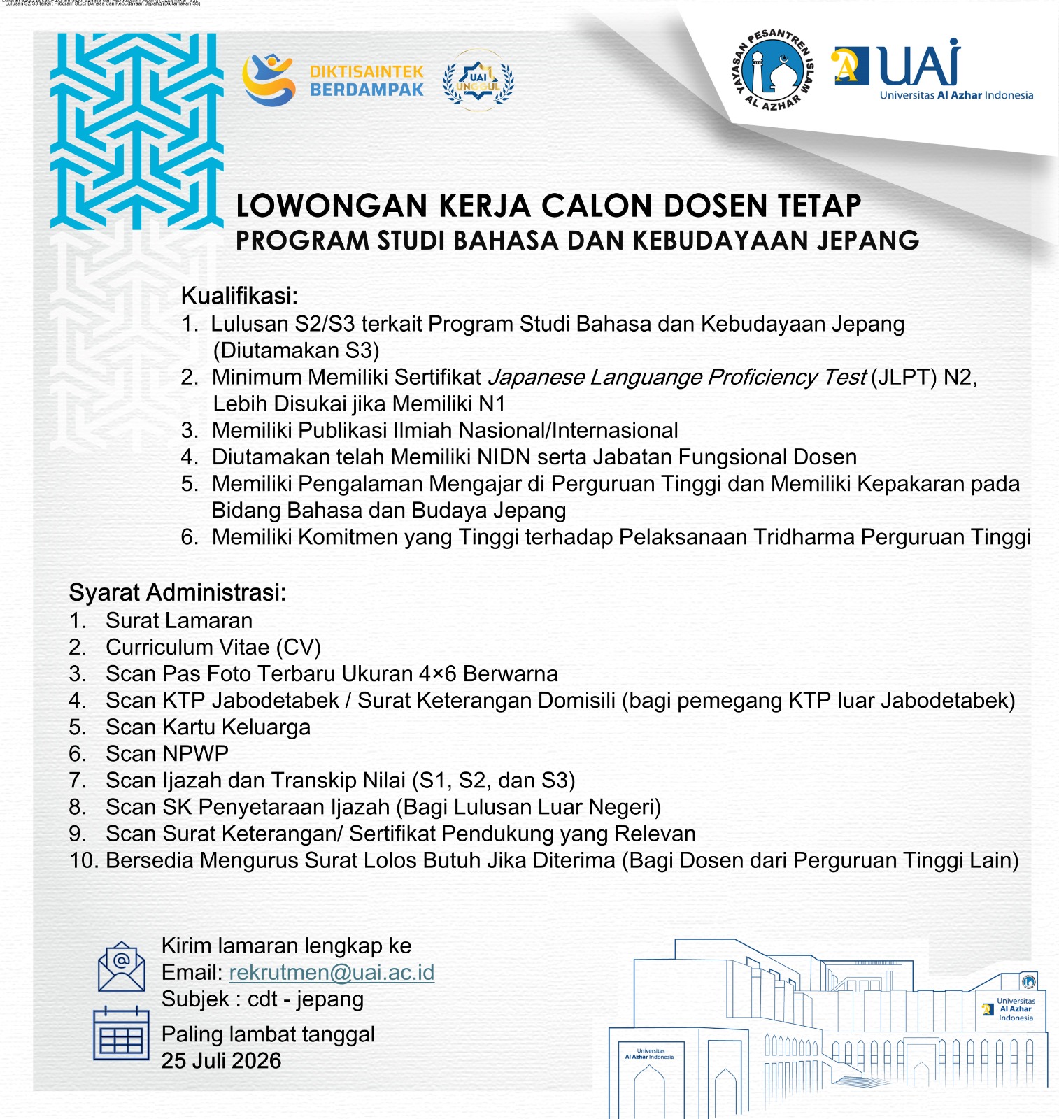 Lowongan Calon Dosen Tetap Program Studi Bahasa dan Kebudayaan Jepang